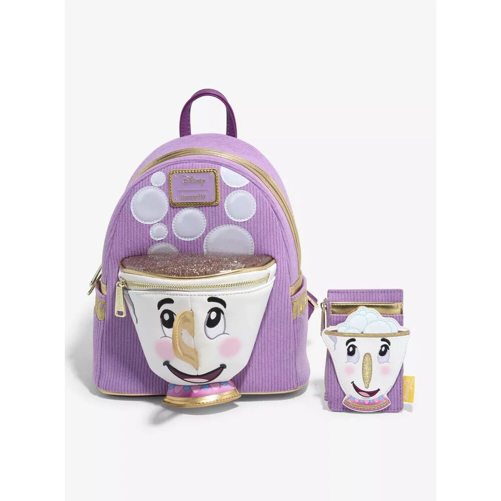 Loungefly Disney Beauty and the Beast Chip Corduroy Backpack + Cardholder Bundle